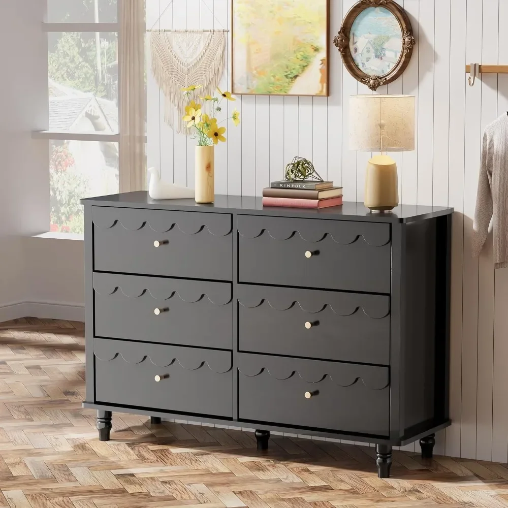 Black Dresser 6 Drawer Dresser for Bedroom, Modern Wide Chest of Drawers, Scalloped Organizer Storage with Drawers