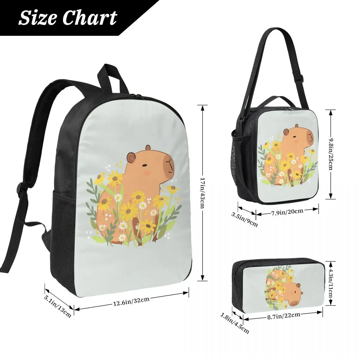 كابيبارا مع زهور الأقحوان على ظهره بنين بنات BookBag حقيبة مدرسية كمبيوتر محمول حقائب كتف 3ps معزول حقيبة الغداء مقلمة #2