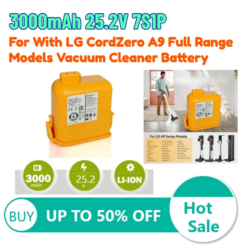 

3000mAh 25.2V 7S1P Rechargeable Lithium Battery for With LG CordZero A9 Full Range Models Vacuum Cleaner Battery