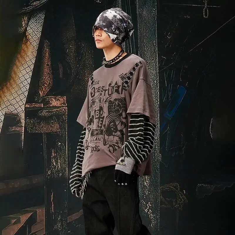 LUZHEN 2026 New Original Fake Two Piece Design Streetwear Men's Women's Handsome Stripe Printed Splicing Round Neck Tops JY6763
