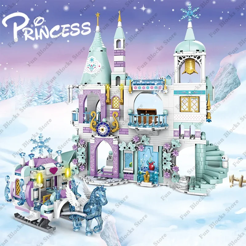 Ice Castle Playground House para meninas, Figuras do cavalo de neve, Blocos de construção, Carriage Set, Luxury Princess, Amigos quentes, Filmes, Inverno