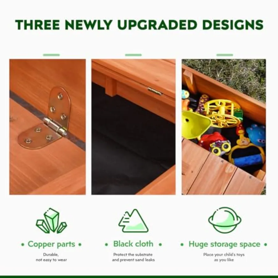 صندوق رمل خشبي خارجي مع غطاء صناديق رملية مع مظلة ومقاعد تخزين قابلة للطي وطاولة رمل مع وصلة سفلية للحماية