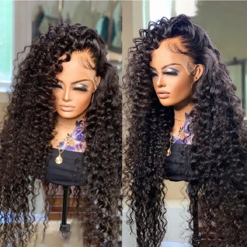 Peruca dianteira encaracolada longa do laço para mulheres, preto natural macio, glueless, cabelo do bebê, resistente ao calor, pré-arrancado diariamente, 180 densidade, 26"