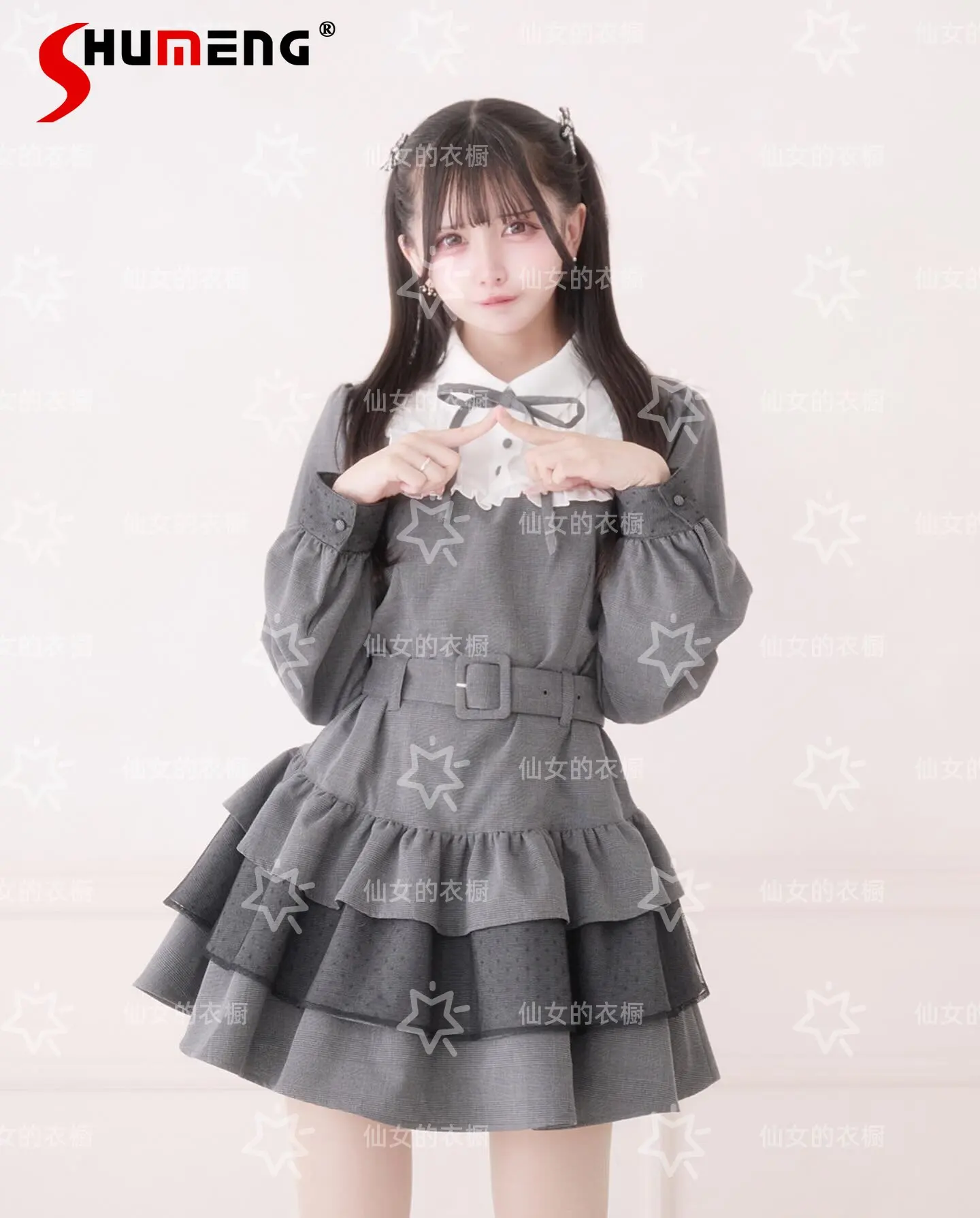 

Japanese Mines Style Harajuku Sweet Elegant Girl's Lolita OP Lace-up Bow Long Sleeve High Waist Belt Slim Lace Cake Dress Women