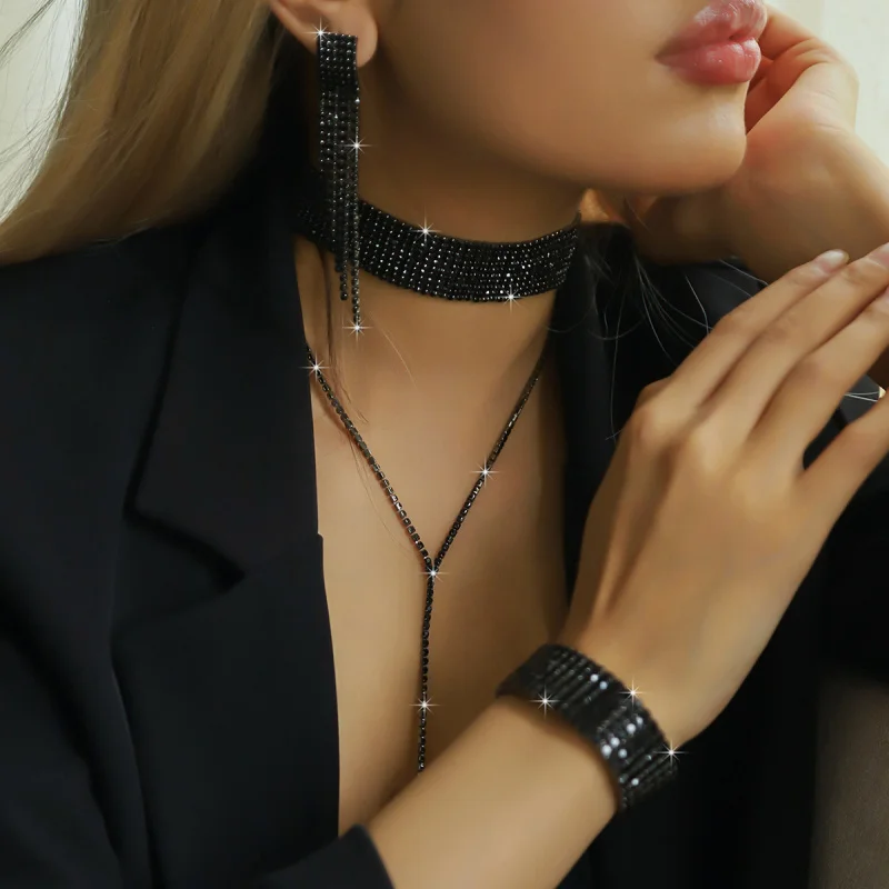

European and American Cross-Border New Accessories Choker Necklace Full Diamond Claw Chain Bracelet Earrings Choker Three-Piece