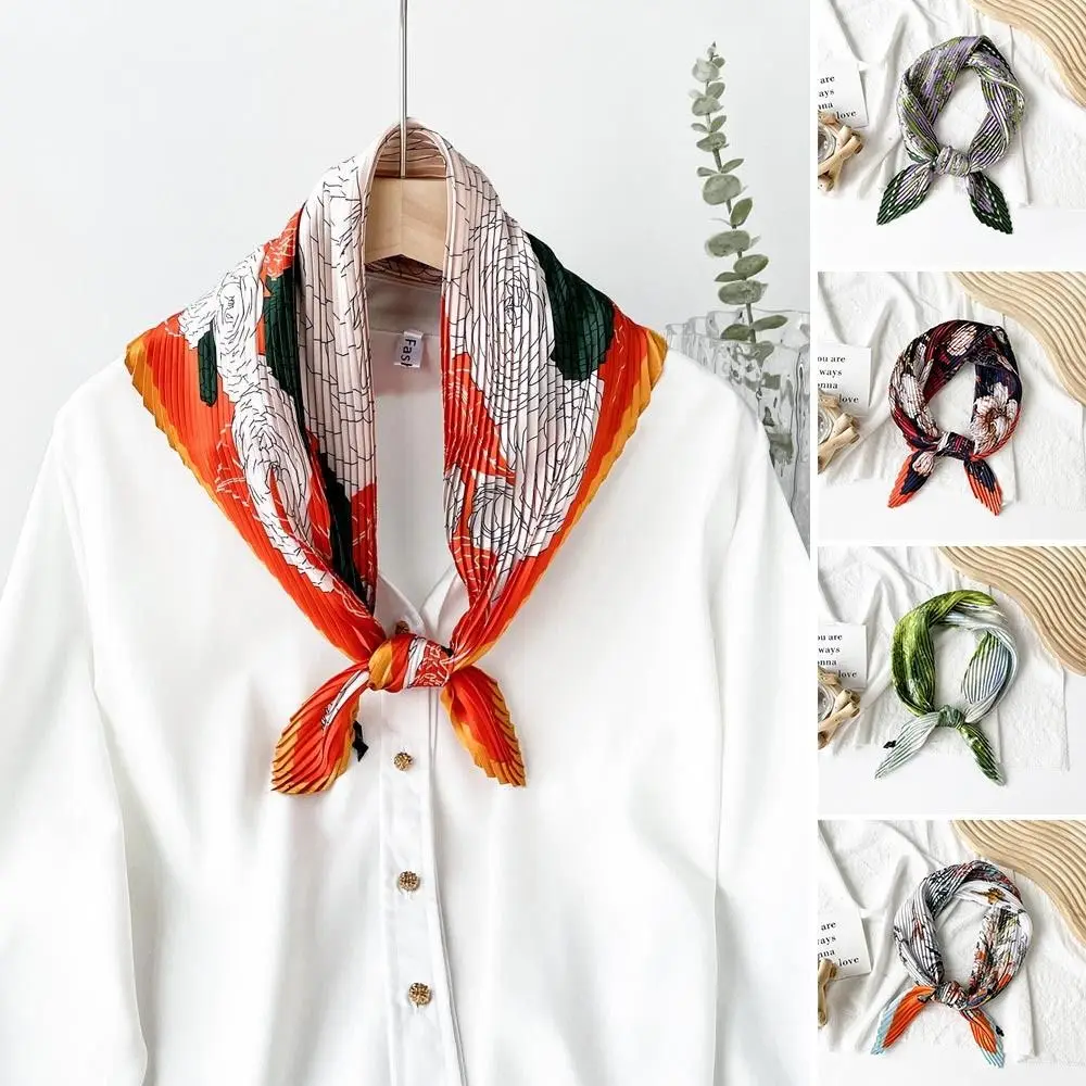 

Summer 70*70cm Square Scarf Satin Flower Print Head Ribbon Soft Elegant Silk Scarf