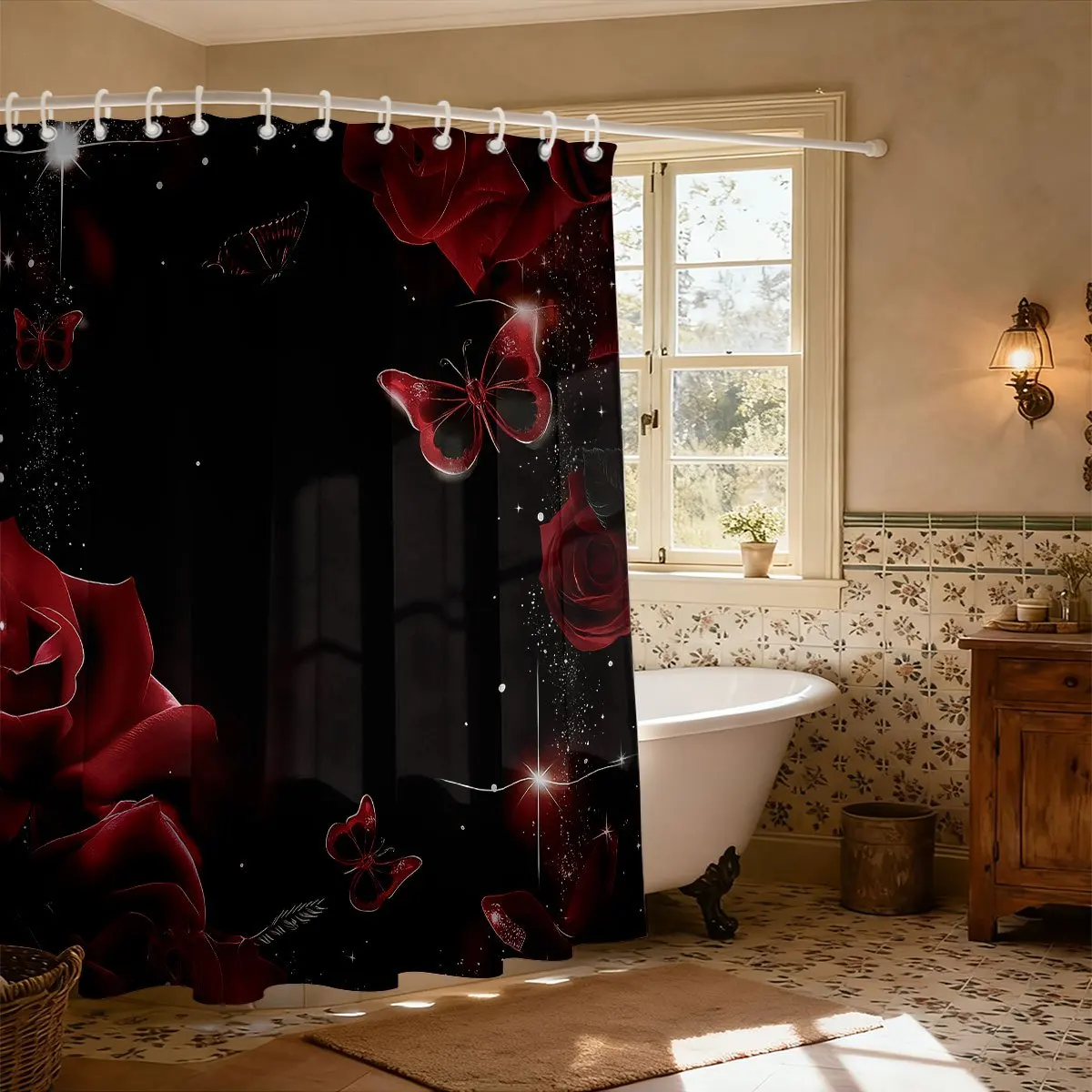 Romantic Red Roses Butterfly Print Shower Curtain Bathroom Decoration Luxury Floral Gothic Shower Curtain Liner - view 4