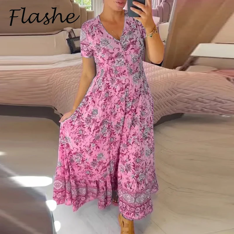 

Summer Casual Flower Print Dresses For Women V Neck A-line Beach Holiday Dress Women Elegant Long Dress Boho