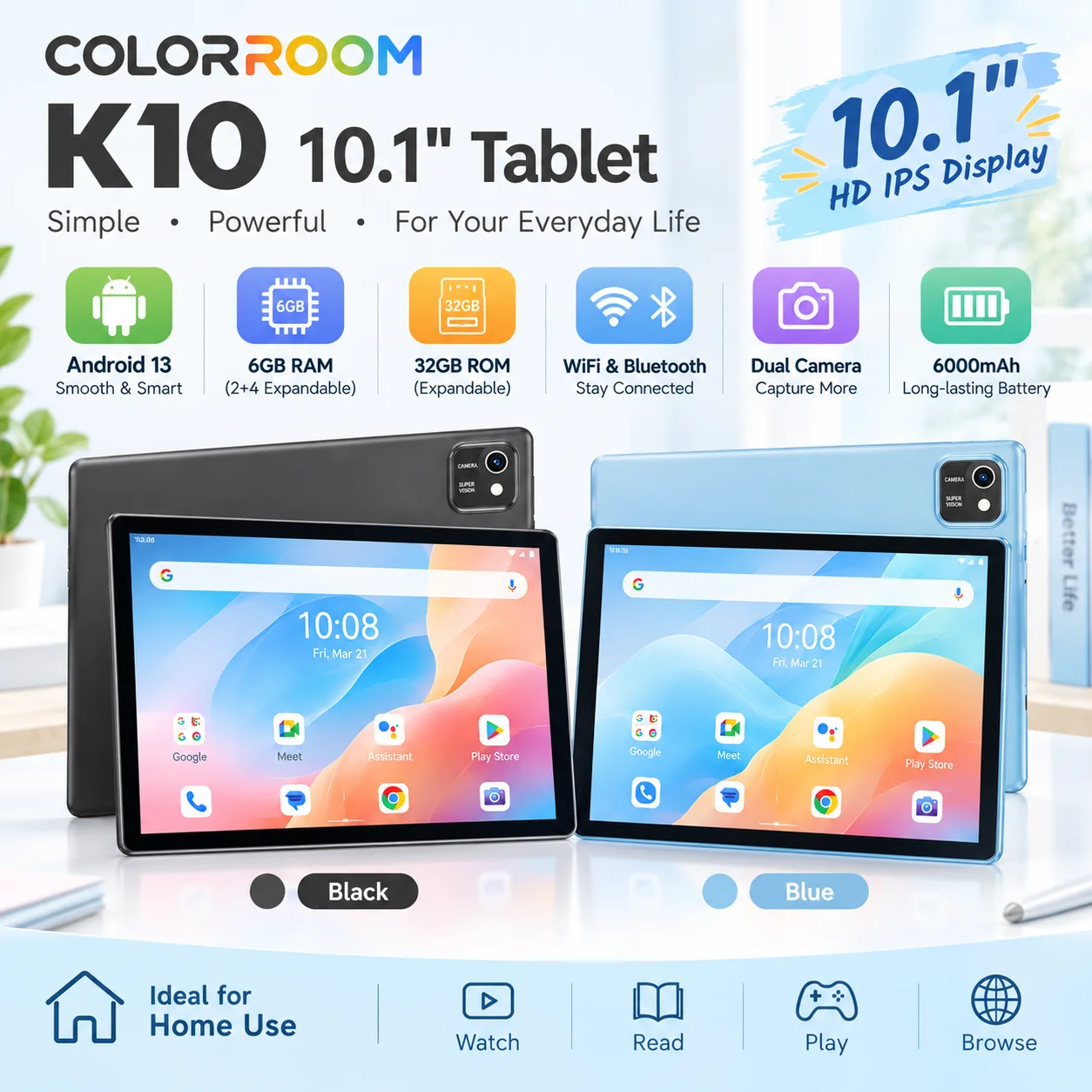 COLORROOM10.1 Inch Android 13 Tablet 6GB RAM 32GB ROM 6000mAh HD IPS Screen WiFi Bluetooth Dual Camera for Study Work Entertainm