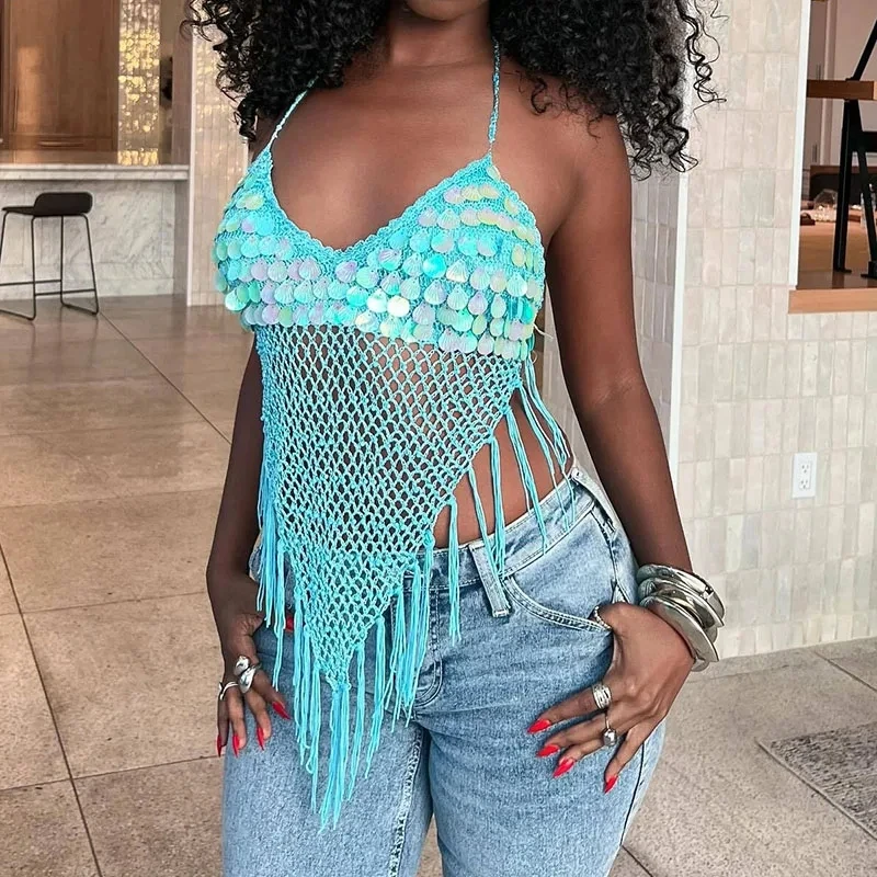 

Trendy Sequin Fishnet Backless Tops Sexy Women Pure Color Spliced Halter Vest Hot Girl Sleeveless Mesh Hollow Out Irregular Tank