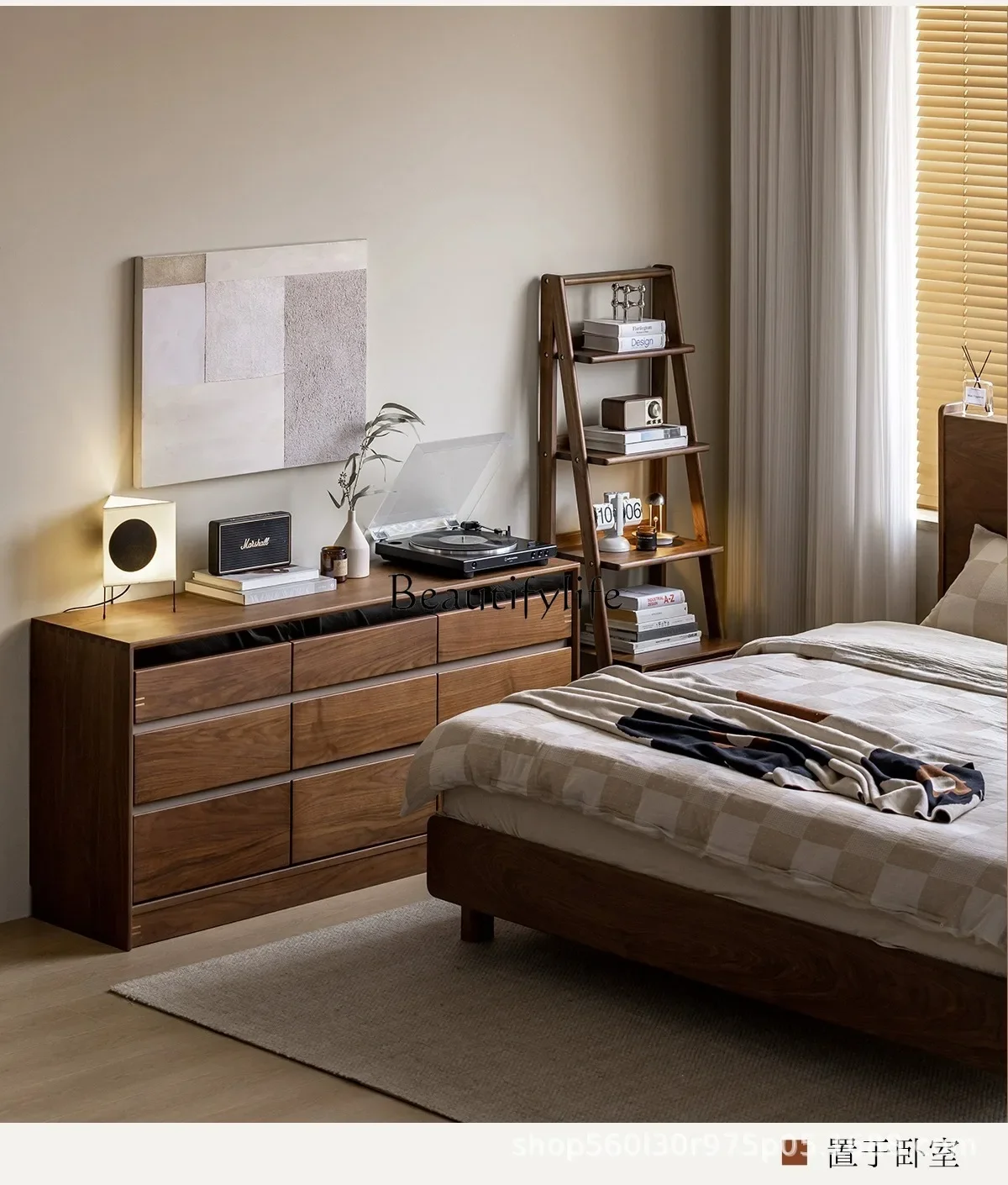 

06LSolid wood chest black walnut retro nine chest cabinet Nordic living room home