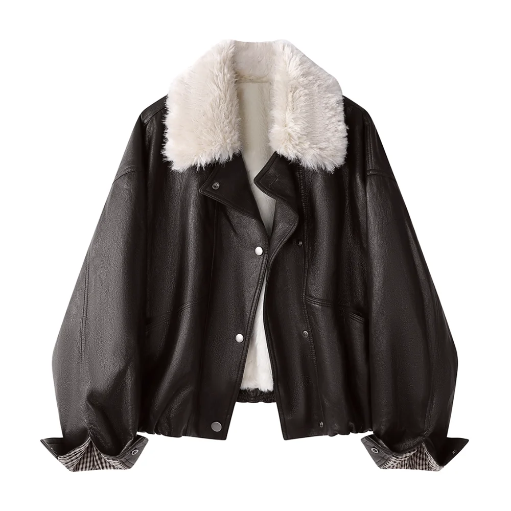 Giacca da donna foderata in pelliccia sintetica da donna Cappotto invernale oversize in PU Caldo colletto in peluche spesso Capispalla Streetwear Stile Moto