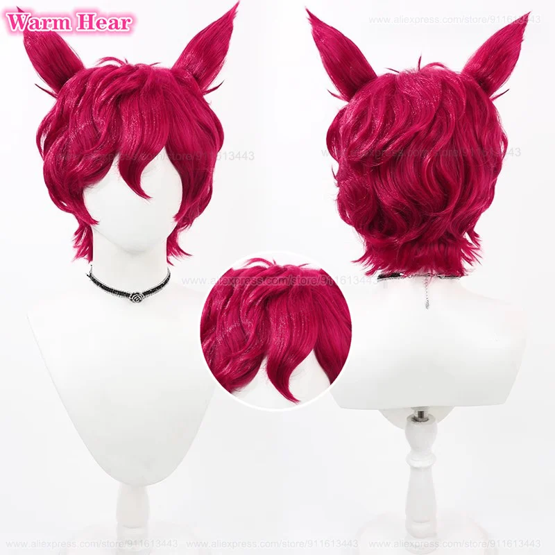 Game LOL Heartsteel Sett Synthetic Unisex Rose Red Curly Hair With Ears Cosplay Anime Wig Heat Resistant Hair Wigs +Free Wig Cap