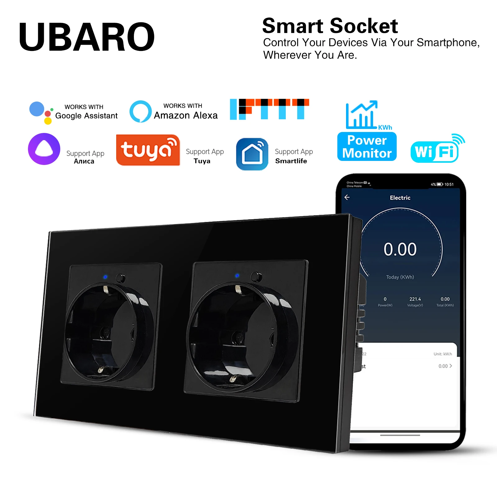 UBARO EU 153*82 Tuya Wi-Fi Smart Wall Sockets Glass Panel Work Google Home Alexa Yandex Alice Voice Remote Monitor Timing Outlet