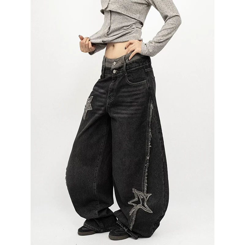 Women Black Y2k Star Jeans Vintage Hiphop Baggy Denim Trousers American Style Splicing Jeans Pants Wide Leg Denim Pants
