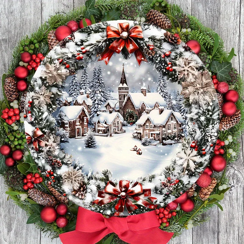 2D Flat, Winter Christmas Wooden Sign Relief Effect of Ice and Snow Town Christmas Wreath Sign for Front Door Wall Hanging Decor