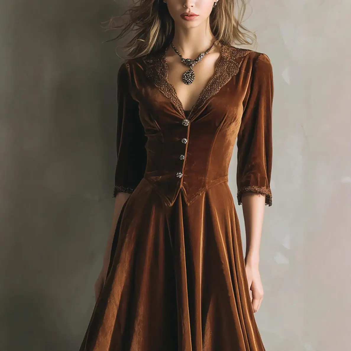 กระโปรงทรงเอวสูงผ้ากำมะหยี่แต่งลูกไม้ลายดอกไม้ ชายกระโปรงแบบไม่สมมาตร คอปกแบบ Dr. Western  สำหรับผู้หญิง  แฟชั่นฤดูใบไม้ร่วง