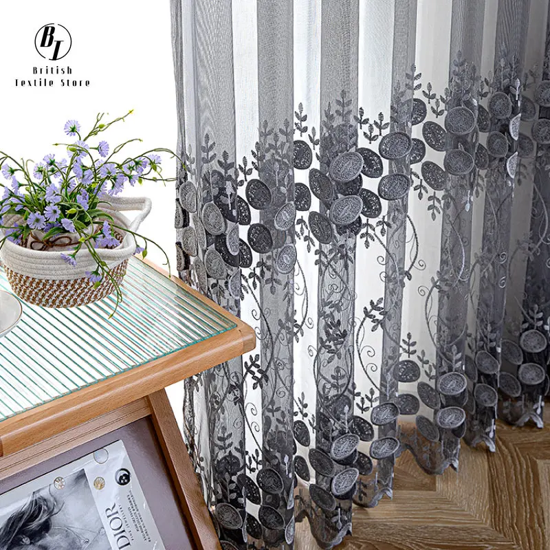 Custom Size 3D Embossed Embroidery Modern Gray Tulle Curtains Voile Sheer Fabric Bedroom Luxury for Living Room Bedroom Dining