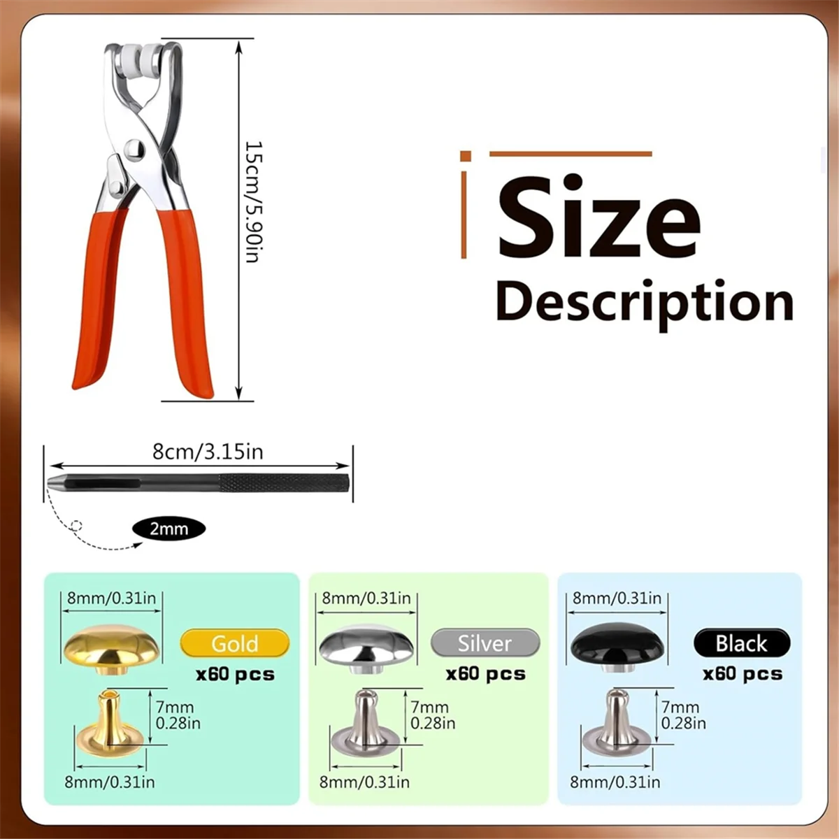 

L74A 180 комплектов кожаных заклепок, кожаных заклепок с двойной круглой крышкой 8 мм, 3 цвета, кожаные заклепки с колпачками, металлические шпильки с крепежными инструментами