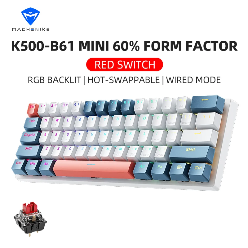 Machenike K500-B61 미니 기계식 게이밍 키보드, 60% 폼 팩터 61 키, 유선 전체 키, 핫 스왑 가능, RGB 백라이트 