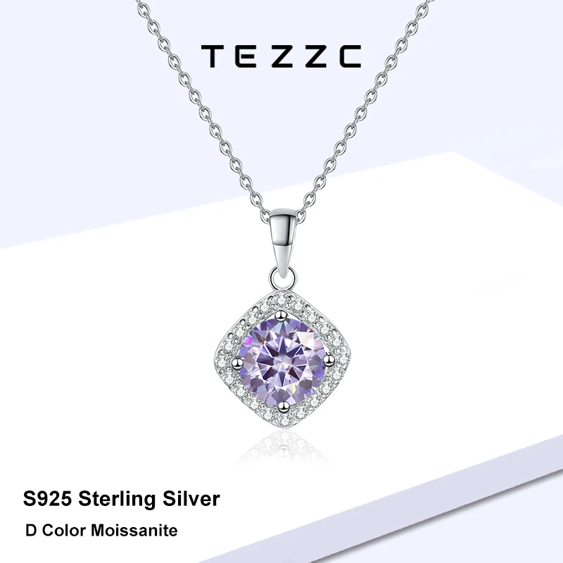 

Tezzc 1ct Pink Purple Moissanite Pendant Necklace For Women 925 Sterling Silver Lab Diamond Wedding Necklaces Bridal Neck Chain