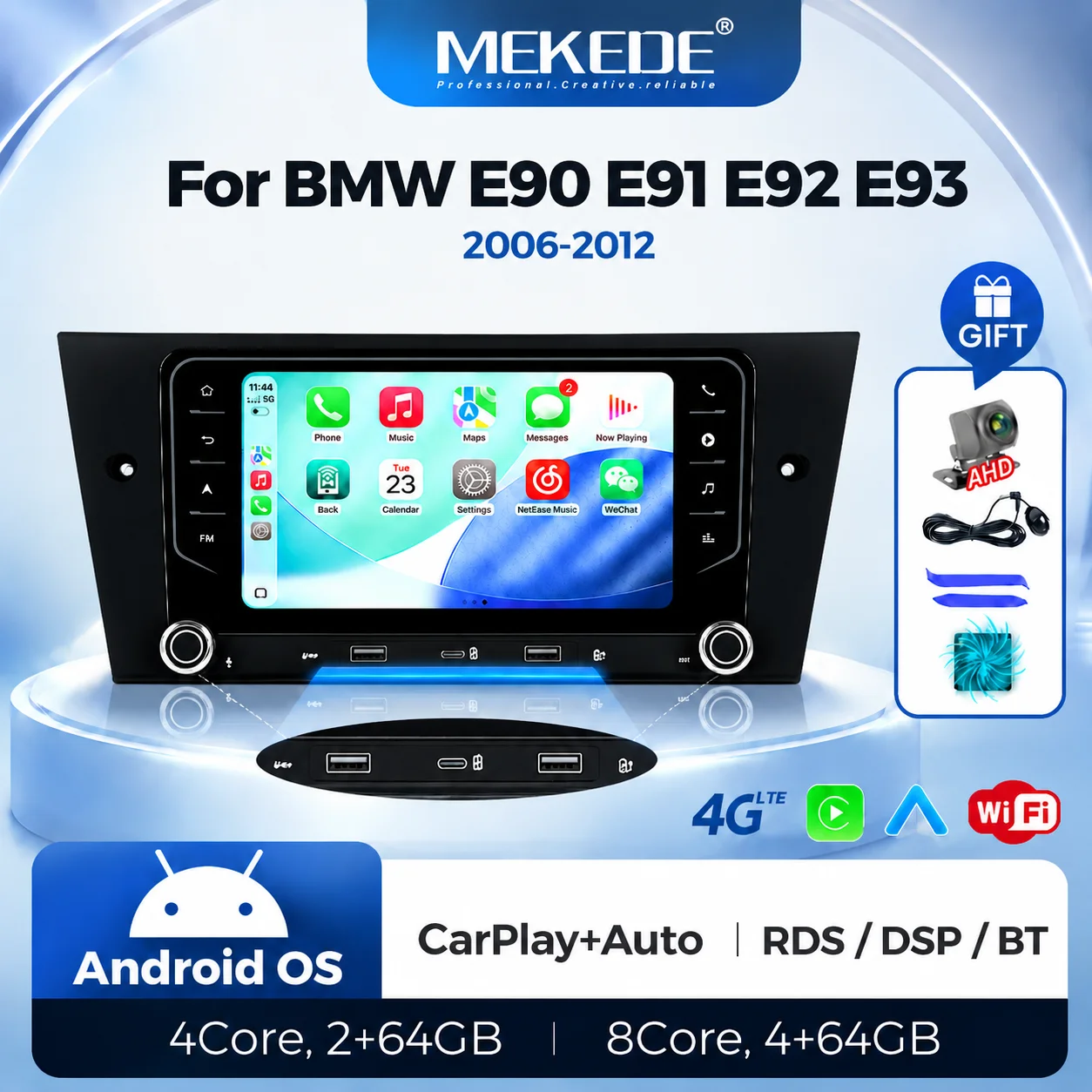 MEKEDE Autoradio con schermo touchscreen IPS da 7" e funzionalità Wireless CarPlay e Android Auto per BMW E90 E91 E92 E93 2006-2012, lettore multimediale Android 15, sistemi intelligenti, lettore