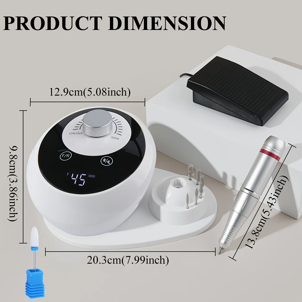 Upgraded Professional White 45000 RPM Electric Nail Grinder, Low-Noise Nail Care with Sanding Head, Hand & Foot Care Equipment