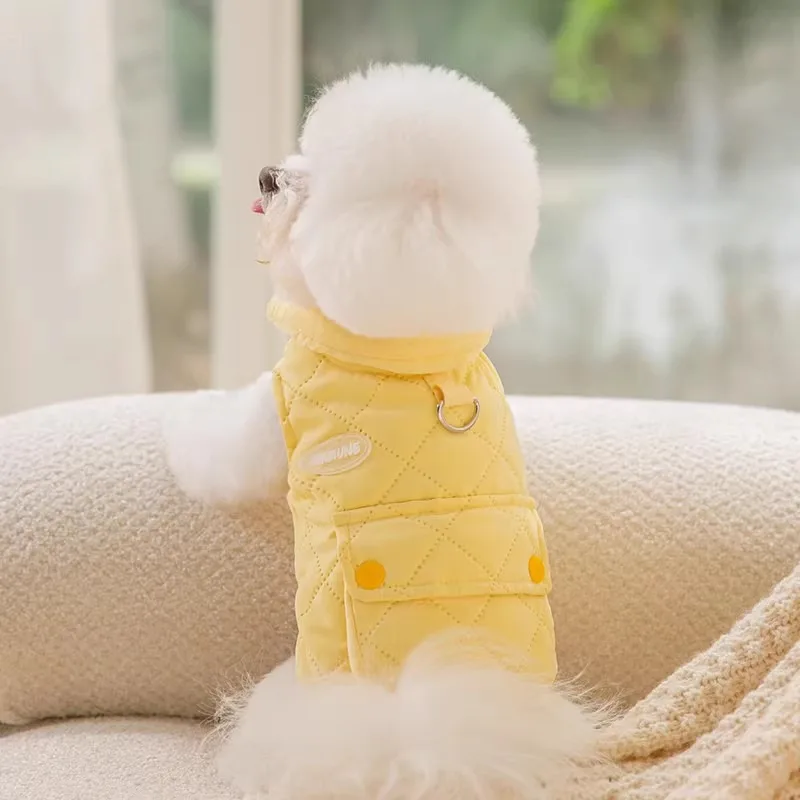 الشتاء جرو الملابس تيدي بلون سترة Bichon Frize Leashable الدافئة القطن الحيوانات الأليفة أكمام سبليت زر قميص