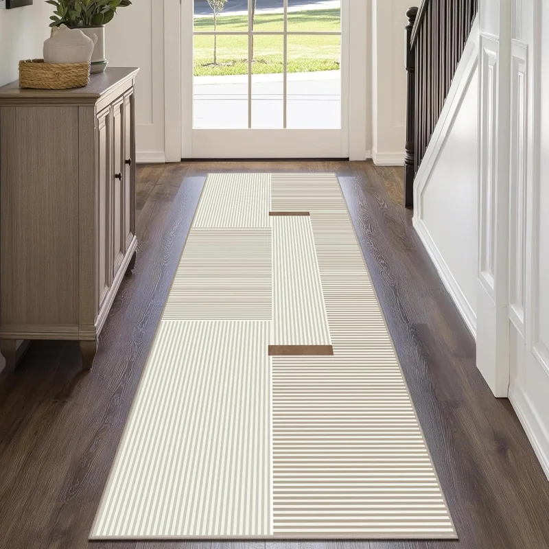 VIKAMA Modern Geometric Striped Runner Rug Machine Washable and Non-Slip Kitchen Mat Hallway Living Room Carpet Home Decoration