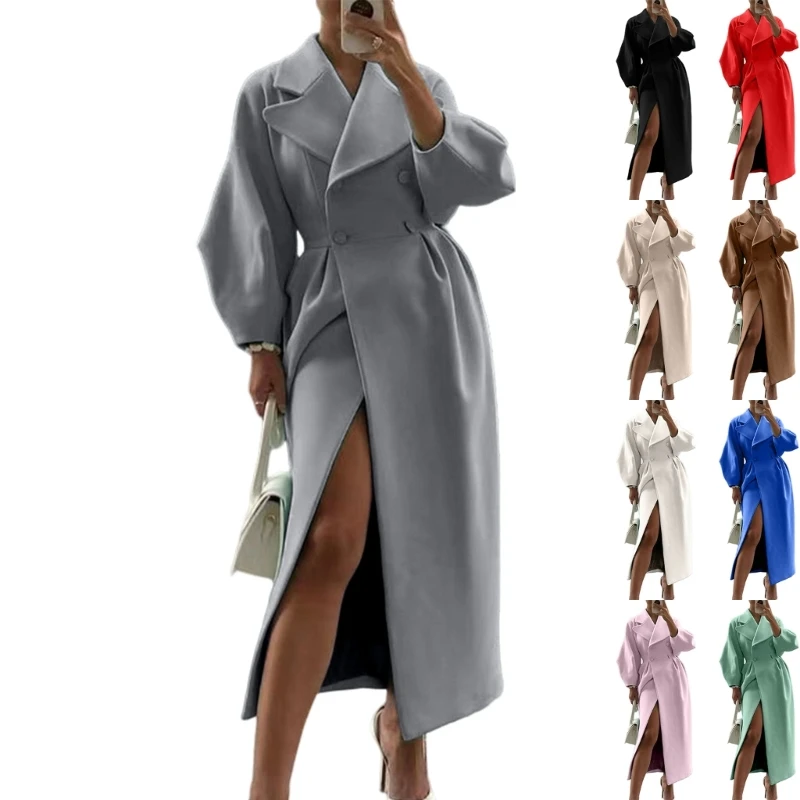 

Y3NE Women's double-breasted long pea coat with lapel, lantern sleeves, extra-long autumn and winter wool blend