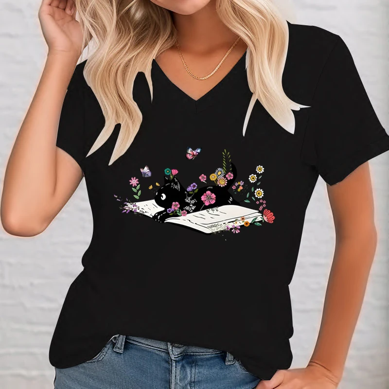 Women Clothes Cartoon Cat & Flowers Pattern Graphic T Shirts Women Black Cats Read Books T-shirt Female Cat Lover Funny T Shirts