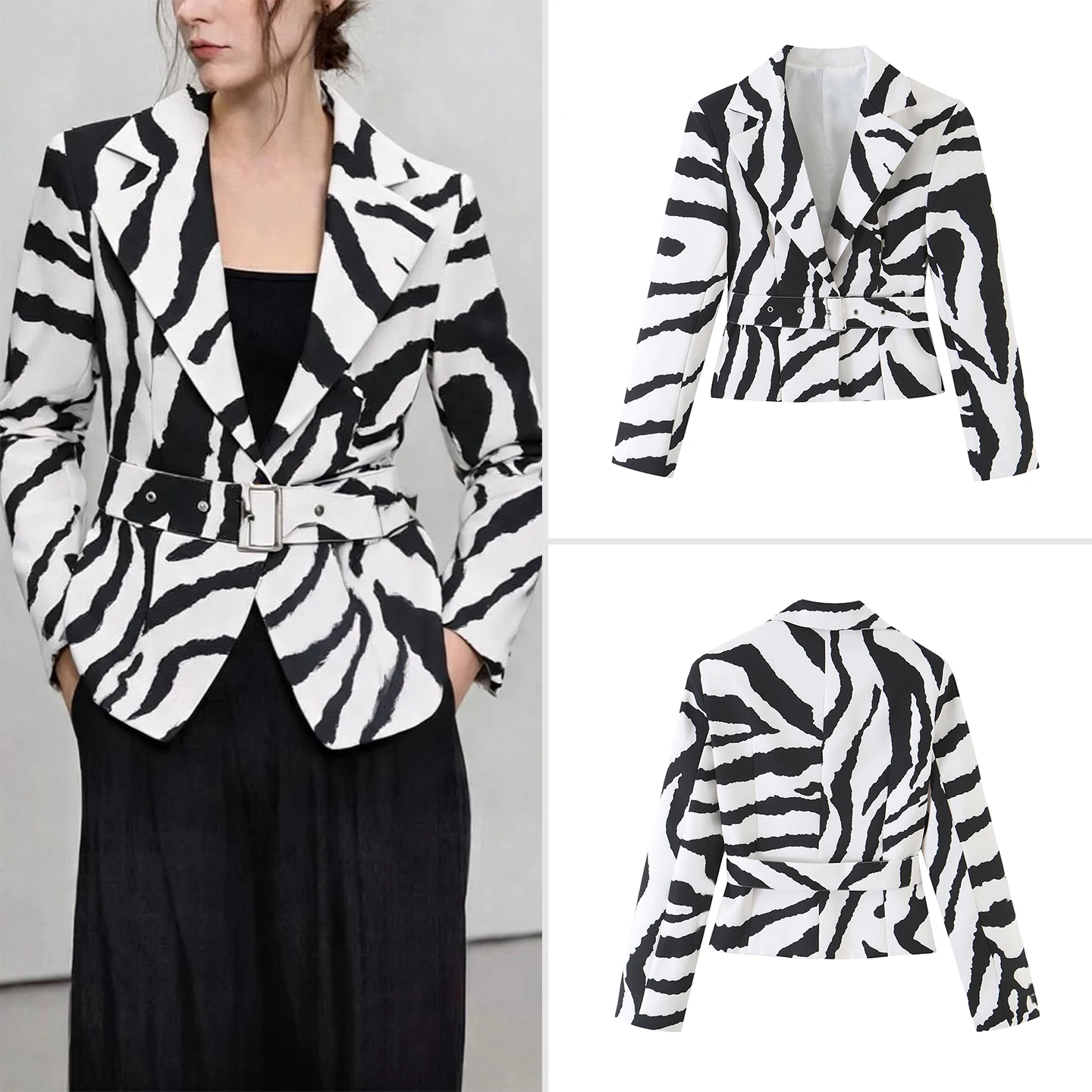 Fashionable Zebra Stripe Suit Jacket with Belt And Collar for Women Autumn 2026 Personalized Versatile Outerwear by Zadata