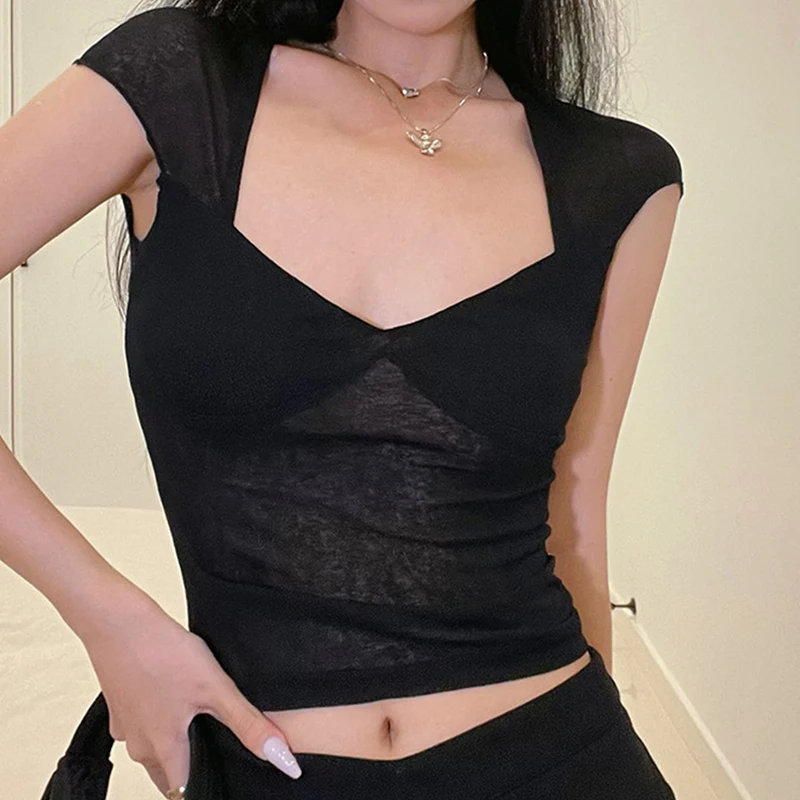 

Summer Women New T-shirt V-Neck Short Sleeve Sexy Tees Solid Streetwear Crop Top Fashion Hollow Out Casual Slim Lady Tops Tees