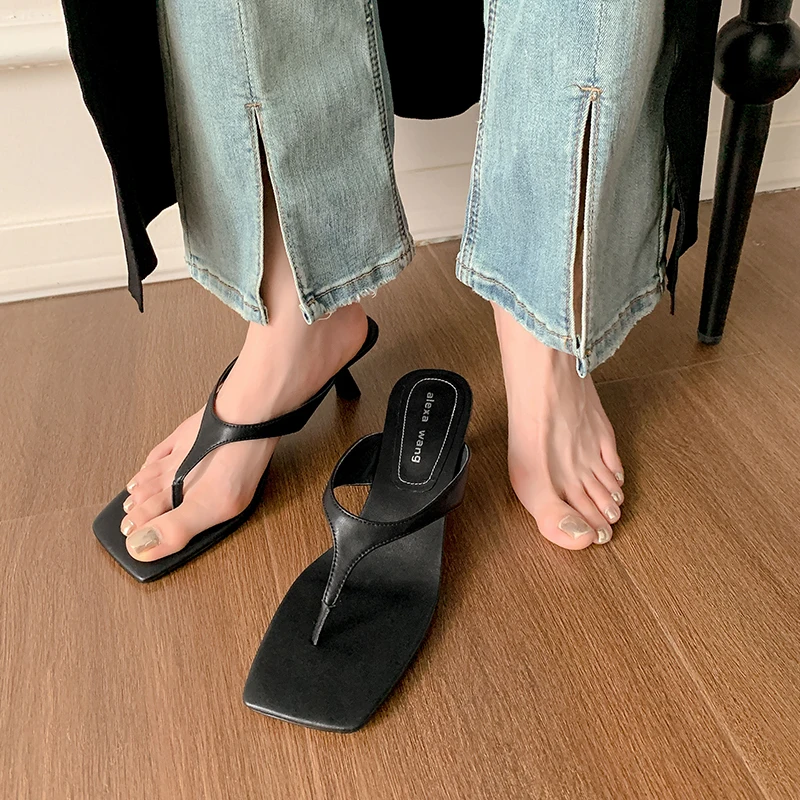 JOZHAMTA Size 34-40 Women High Heels Mules Sandals Real Leather Flip Flops Thin Heel Summer Shoes 2025 Ins Slides Sexy Slippers