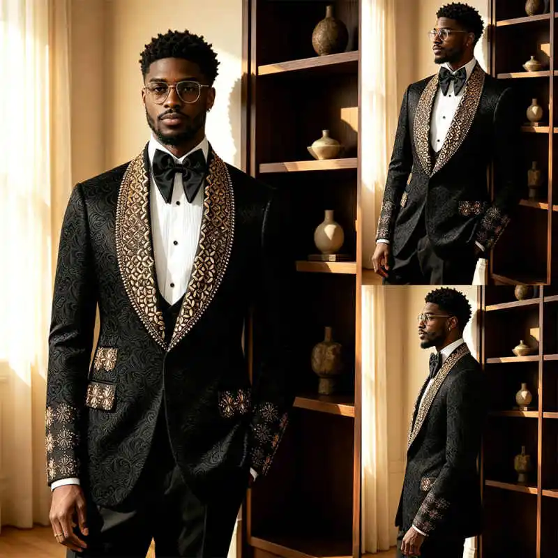 

Elegant 3-Piece Formal Tuxedo Suit Gold Embroidery Rhinestone Trim Lapel Cuff Gala Party Wedding Prom Garment Customized
