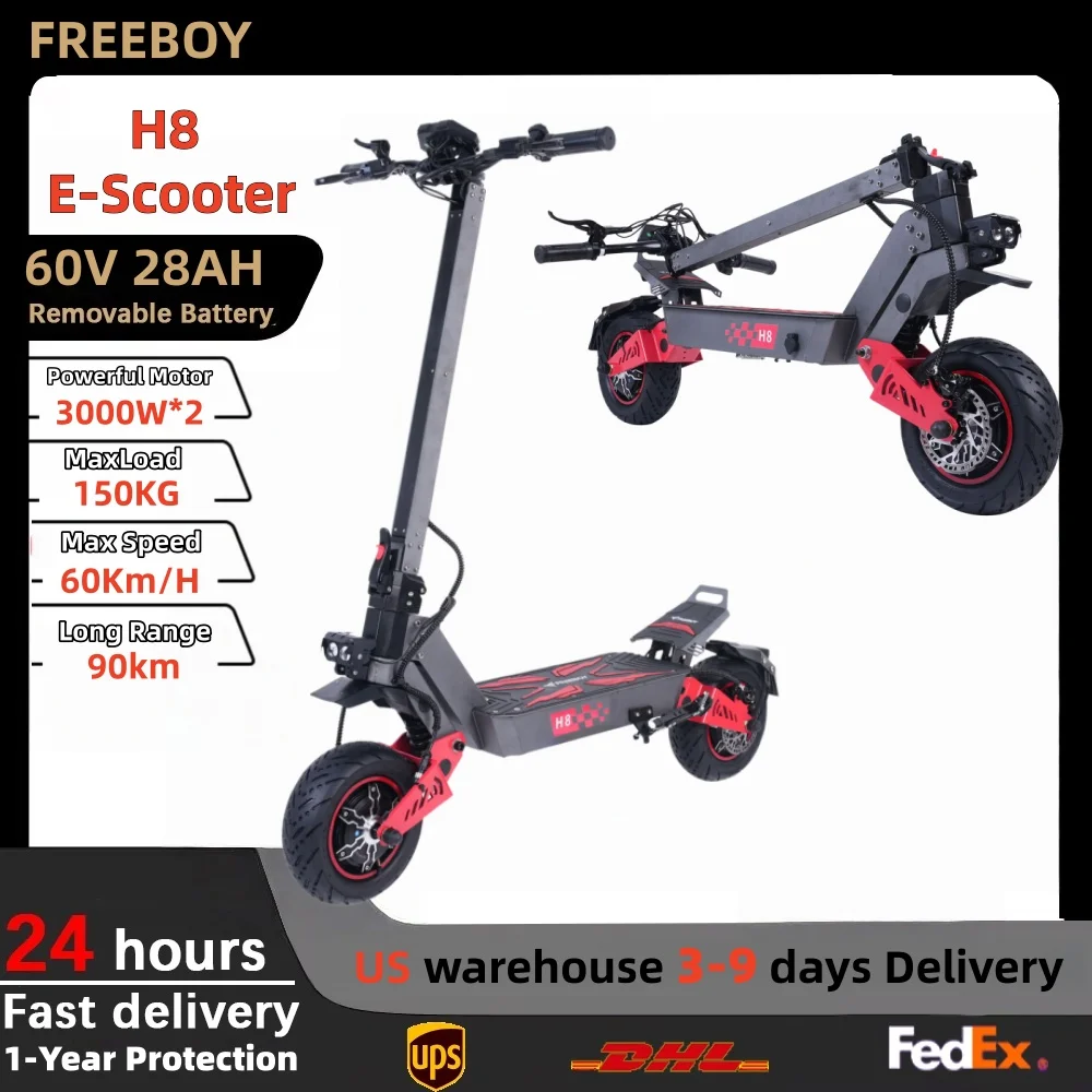 

FREEBOY H8 6000W Foldable E-Scooter for Adults Max Speed 60KM/H 60V28AH 11"Off-Road Tires scooter electric escooters e scooter
