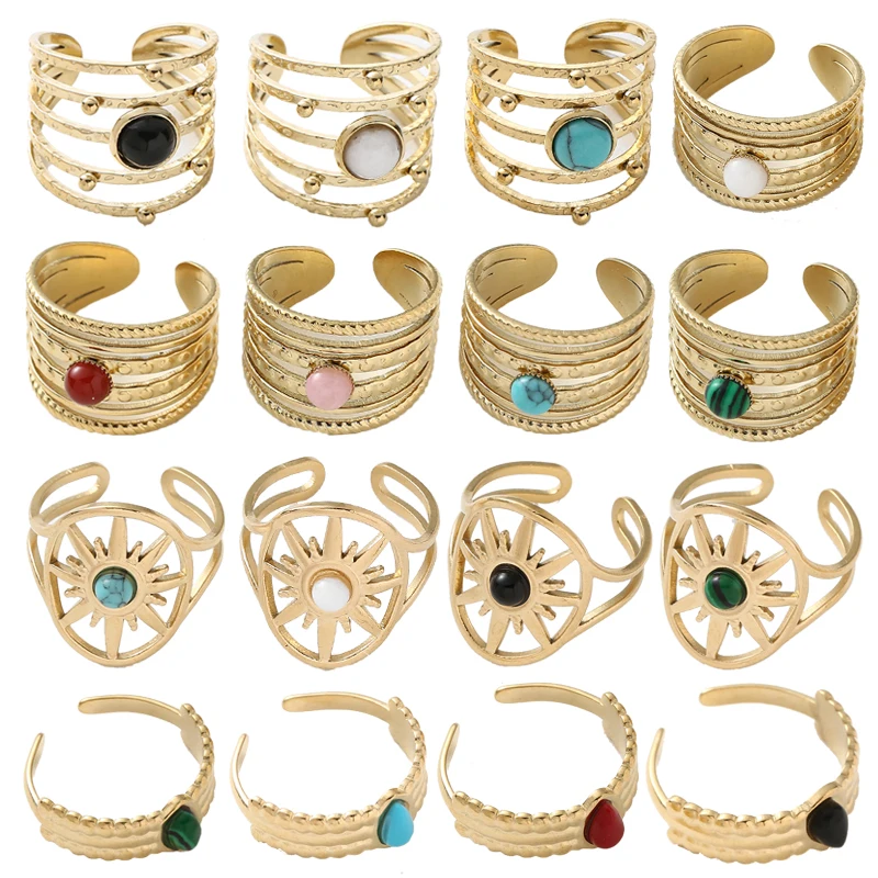 

Turquoise Zircon Natural Stone Opening Rings for Women Jewelry Gifts Bohemian Gold Plated Stainless Steel Ring Finger Rings