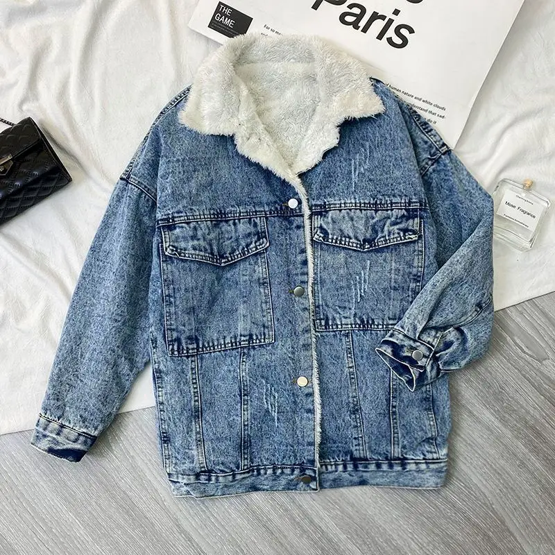 

Denim Coats With Rhinestone Woman Fur Plush Womens Fall Cropped Fitted Drawstring Kpop Streetwears Outcoats Leisure Jackets Ins