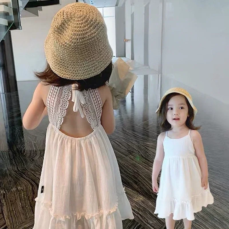 Robe d'été en dentelle blanche pour filles, tenue de soirée, bretelles spaghetti, à volants, vêtements pour enfants et maman