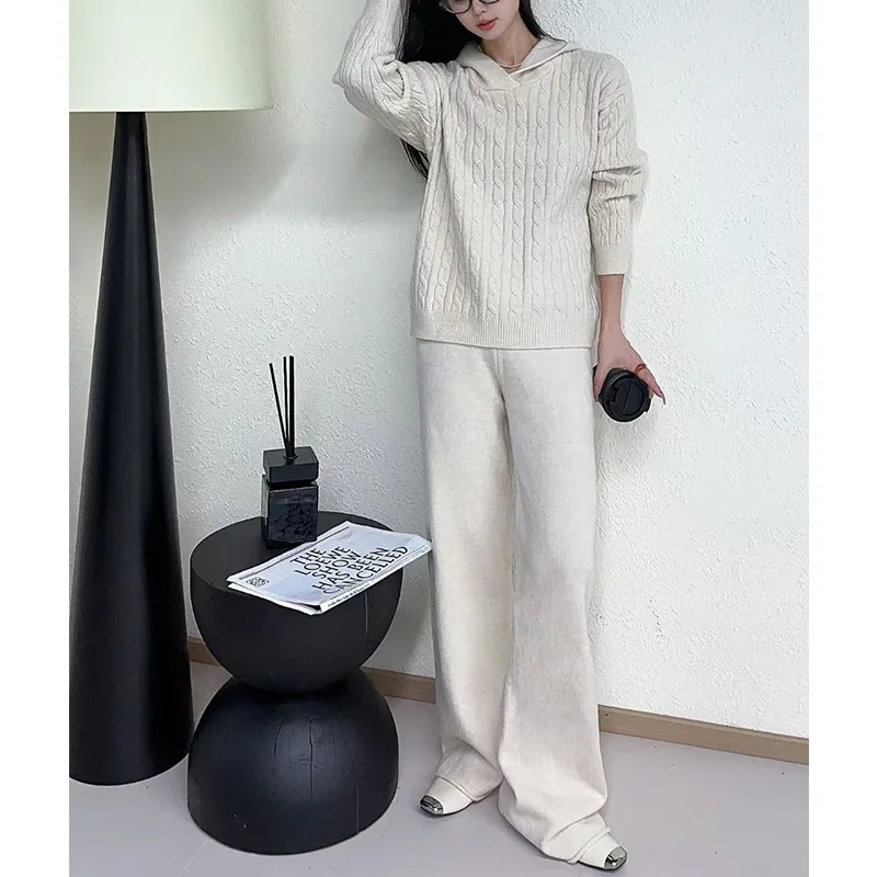 [EWQ] Long Sleeve Hooded Sweater And High Waist Trousers Casual Women Solid Knit Set Clothing 2024 Autumn New Fashion 16O2529