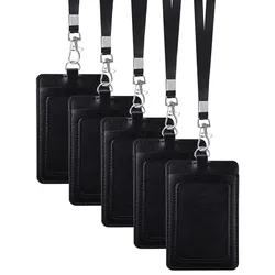 5PCS PU Leather Vertical ID Badge Card Holder with Lanyard for Work Place Work Card Access Card Holder Employee Chest Card