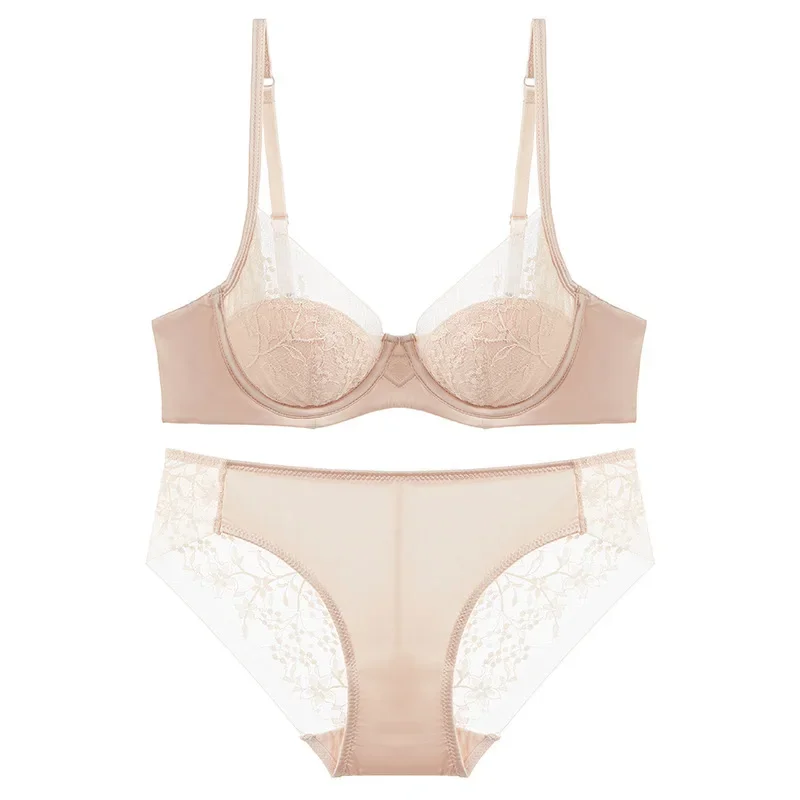 Women Sexy Lace Bra Set Flower Embroidery See Through Lingerie Set Daily Underwear Bra and Panty Set