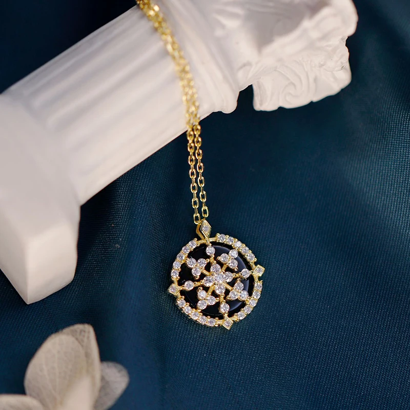 Exquisite Necklace Women Accessory S925 Sterling Silver Black Agate Vintage Compass Natural Gemstone Vermeil Chain NI045