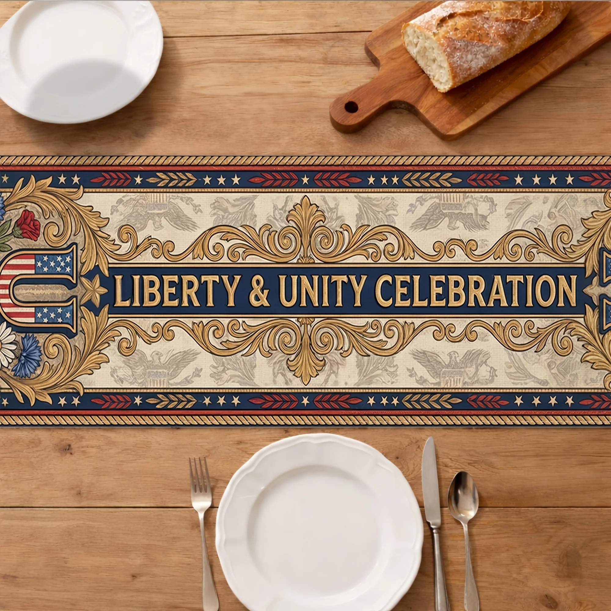 USA 250th Anniversary Independence Day Table Runner - Vintage Floral Red Blue Patriotic Runner