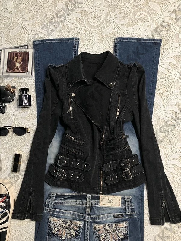 Veste d'hiver pour Moto et motard, Polo, vêtements Vintage des années 90, Cowboy, manches longues, capuche, fermeture éclair, Punk, gothique, pour fille