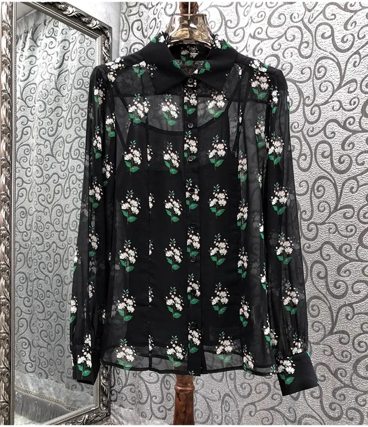 

100%Silk Shirts 2023 Autumn Fashion Style Women Turn-down Collar Vintage Floral Prints Long Sleeve Elegant Black Blouses Shirt