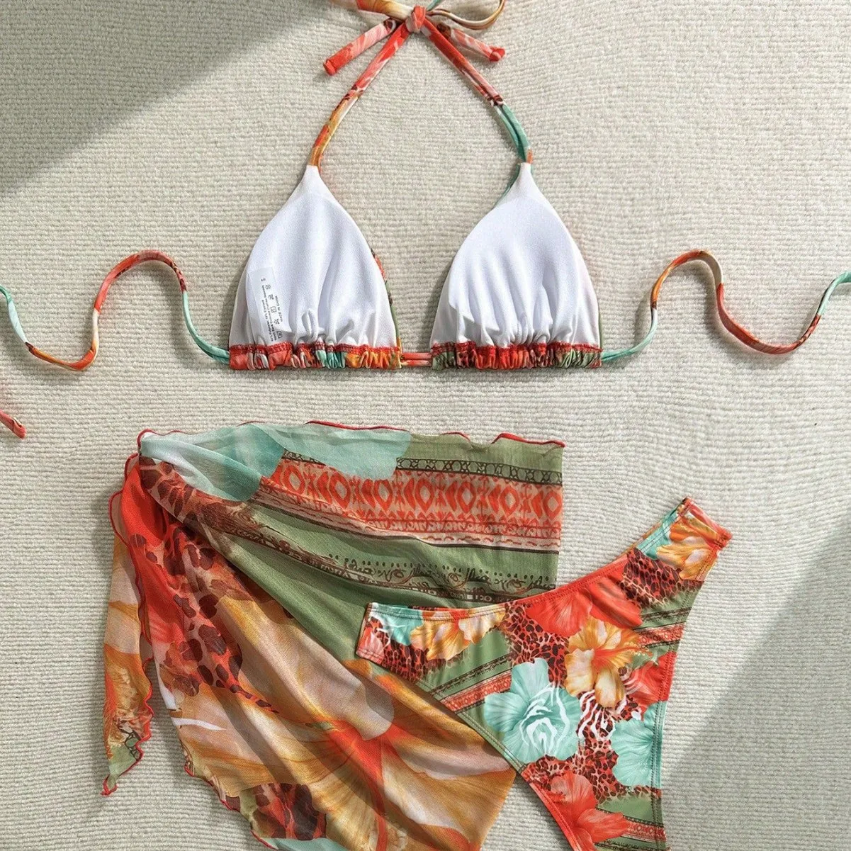 3Pcs Tropical Floral Bikini Set with Cover Up Skirt Halter Triangle Swimsuit Beachwear for Women