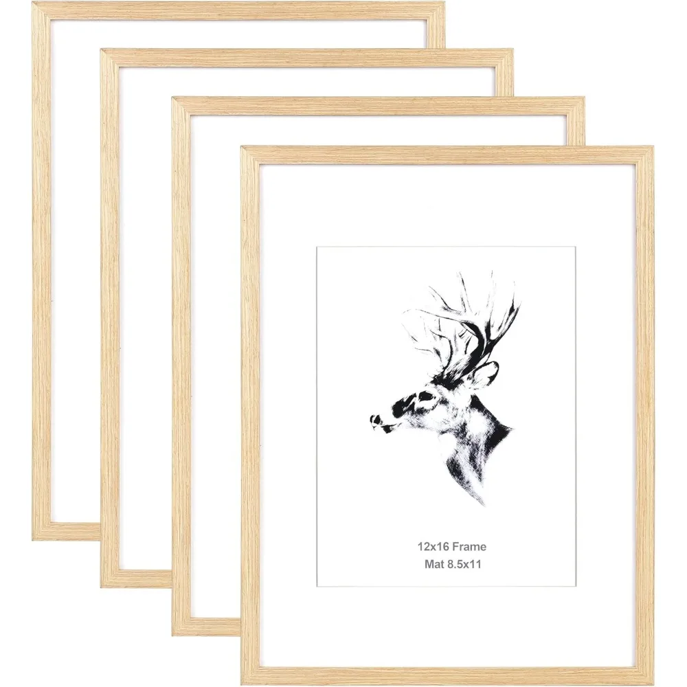 

12x16 Picture Frame with Mat for 8.5x11 Set of 4 Natural Solid Oak Wood Gallery Wall Poster Wall Mounted