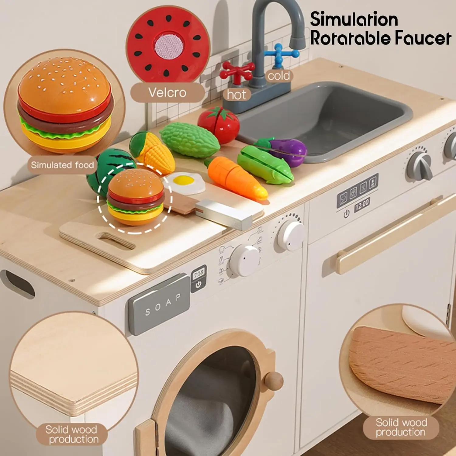 Kids Play Kitchen - Wooden Multi-Function Washing Machine For Kids Kitchen Playset - Pretend Toddlers' Kitchen Toy Washer With