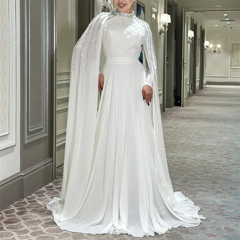 Dubai White High neck Formal Evening Dresses Beaded Chiffon Full sleeve Prom Dresses Customized robes de soirée